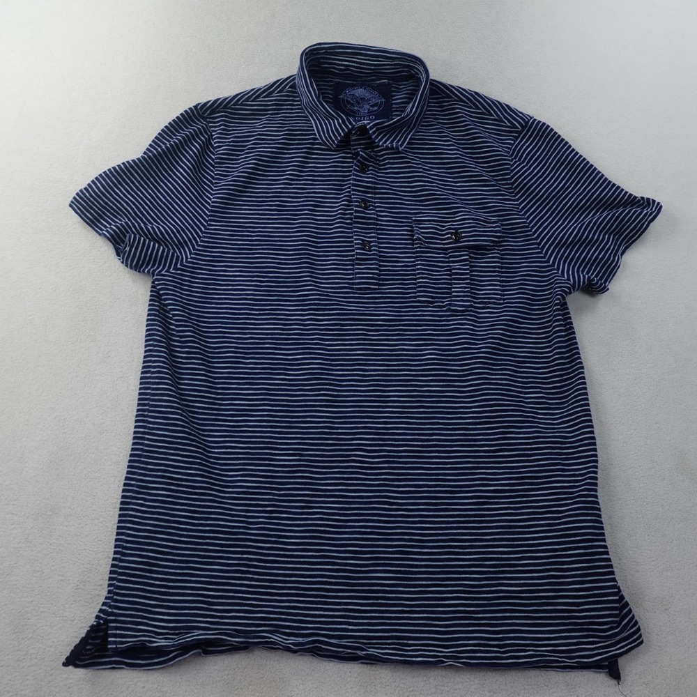 Wallace & Barnes J Crew Indigo Polo Mens L Blue Stripe Slub Cotton Pocket 83129